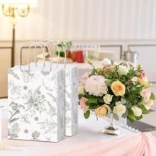 5 pezzi/10 pezzi/20 pezzi Sacchetti regalo di carta riutilizzabili con motivo floreale e manici, colore verde e bianco, adatti per matrimoni, compleanni, feste