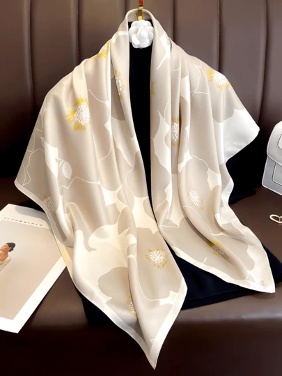 1pc Women Elegant Floral Print Satin Bandana Square Scarf, Breathable UV Protection And Casual Style Decorative Shawl For Dress