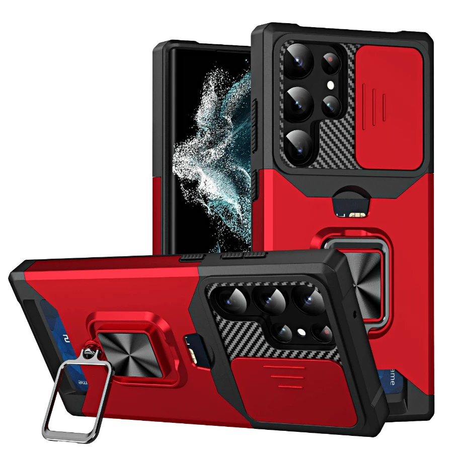 Shockproof Armour Magnetic Stand Case For  Galaxy S25 Edge S24 Ultra S23 Plus S22 S21 FE Slide Camera Card Holder Cover - Red_Red - View 1