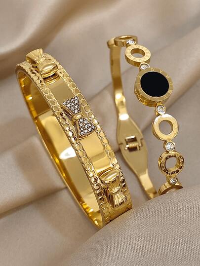 18K 镀金不锈钢复古奢华罗马数字蝴蝶结手镯套装，镶嵌锆石和黑玛瑙，适合女士、妈妈礼物、教师礼物、夏季旅行海滩珠宝、波西米亚风格珠宝、狂欢/舞会/派对/日常配饰、返校礼物、生日礼物、伴娘礼物、婚礼珠宝