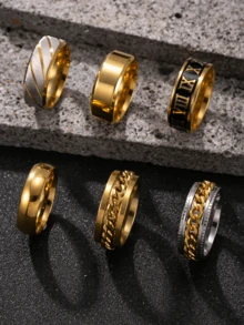 6pcs/Set Black Stainless Steel Rings, Fashion Roman Letter Rotating Rings, Dark Color Jewelry Accessories Suitable For Daily Decoration, Essential For New Year, Valentine's Day Gift For Boyfriend/Husband, Back To School Gift