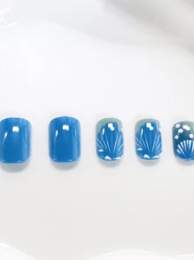24 Pcs Matte Blue Seashell Design Short Square Nail Art False Nails, With Nail File, Upgrade Your Look