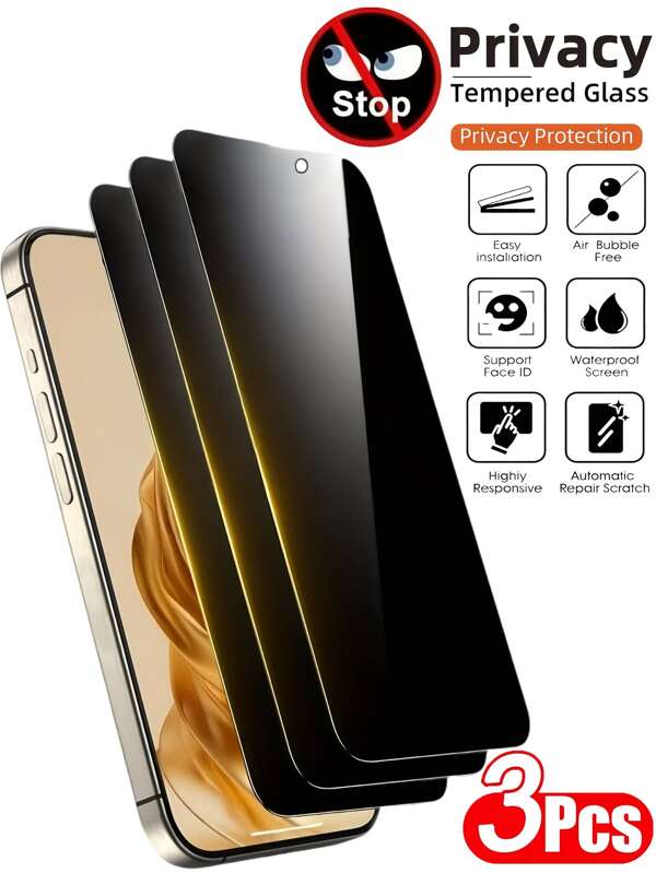 3pcs Anti Spy Privacy Screen Protectors Tempered Glass Film Compatible With Iphone 15 14 13 12 11 16 Pro Max Xs Max 7 8 SE20 SE22 SE23 6 6S PLUS Privacy Film Protective Glass Ultra Clear Front Display Screen, Side Privacy Protection, Smooth And Smooth Touch, Friendly Shell, Easy To Stick, Scratch Resistant