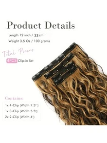 4pcs Brown With Golden Highlights 12-Inch Short Curly Wave Clip-In Synthetic Hair Extensions For Women - Blonde Highlight - View 4