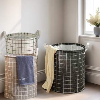 1/2件棉麻可折叠洗衣篮、储物篮、玩具箱、礼品篮、卧室衣服收纳箱（圆形格子）