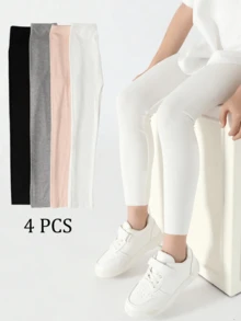 4/3/1pcs Set Girls Plain Color Vertical Striped 7/8 Length Leggings, Elastic Fitted Full Length Tights, All Season Casual Yoga Pants, Cute Sports Style Suitable For Students Daily Wear, Soft & Comfortable, Versatile, Back To School Season - Multicolor - View 27