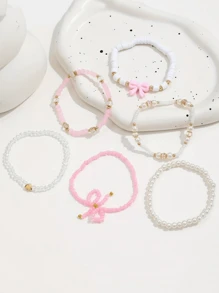Conjunto de pulseiras de contas de vidro da série rosa, 6 peças, pérolas falsas, argila macia, feitas à mão, com posicionamento e empilhamento, laço fofo, sexy e versátil para férias Y2K