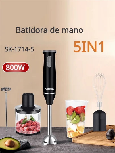 Licuadora, batidora de inmersión, set de batidora de mano 5 en 1, que incluye batidora de mano multifuncional, batidor de huevos, picadora y vaso, adecuada para procesar alimentos y mezclar comida para bebé.
