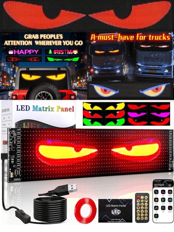 1 Piece Flexible LED Windshield Display For Cars, With Animated Flashing Devil Eyes, APP Programmable Soft LED Screen, Customizable Effects, Compatible With 24V Systems
