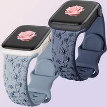 2 Packs Floral Engraved Silicone Strap Compatible With Apple Watch Ultra/2 Bands 49mm 46mm 45mm 44mm 42mm 40mm 41mm 38mm Men/Women Bracelet Wristband Compatible With IWatch Bands Series 10/9/8/7/6 5/4/3/SE/2nd Generation/Ultra/2,Smart Watch Accessories As A Gift For Friends And Family - View 2