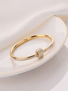 3 件/套钛钢首饰，3 排水钻项链、手链、戒指、腰饰配饰，时尚日常百搭 - 金色 - 查看 2