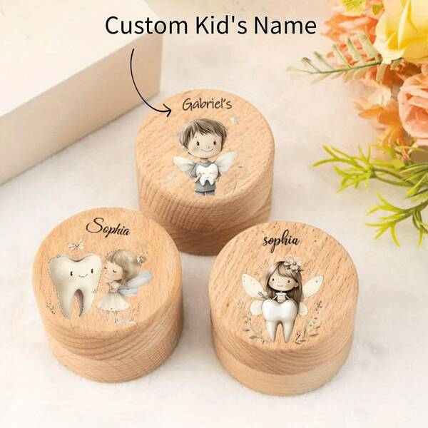 1 pièce Boîte de collection en bois personnalisée avec un design d'ange et de dents, boîte de rangement avec nom personnalisé, parfait pour un cadeau de naissance ou d'anniversaire, convient pour le stockage de collections, boîte cadeau décorative, bois naturel, boîte de collection de cheveux et de dents