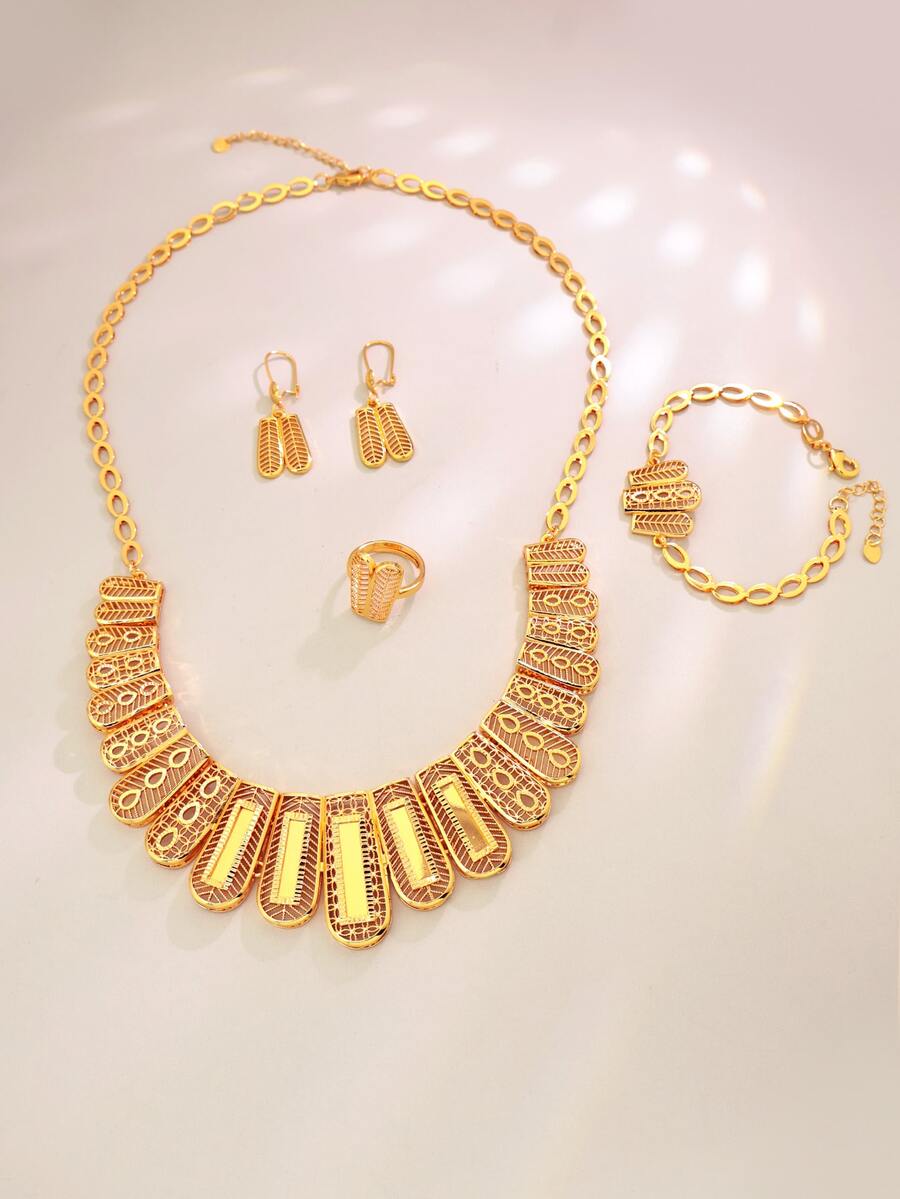 5 件套优雅经典复古风格项链、耳环、戒指、手链首饰套装，适合女士 - 金黃色 - 查看 1