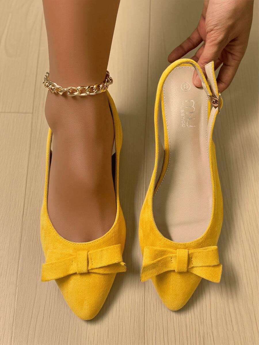 Women's Yellow Cashmere Pointed Toe Ballet Flats,French Elegant Comfortable Slip On Business Shoes,Bow Decor,Half-Covered Toe,Work Casual Chic Loafers ,Non-Slip Soft Sole Everyday Walking Shoes,Closed Toe Hollow Out Sandals