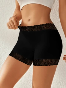 Mid-Waist Solid Comfort Seamless Underwear Hipster Shorts Lace Edge Boyshort Boxer Briefs Panties For Women - Black - View 5