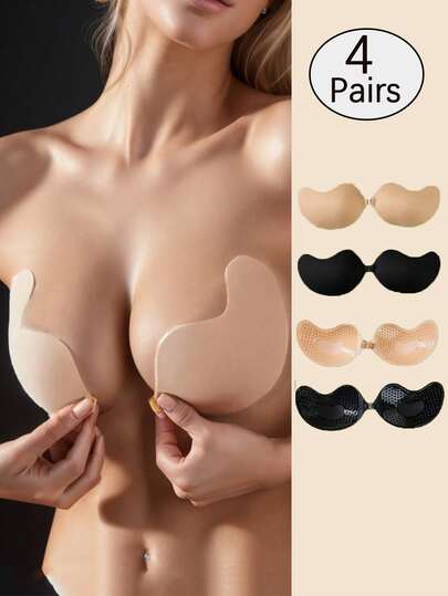 4pcs/Set (2 Apricot + 2 Black) Backless Adhesive Bras For Women - Strapless Push Up Bras, Suitable For Evening Gowns And Backless Dresses, Washable And Reusable