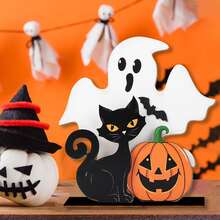 1 件农舍万圣节装饰品 - 木制鬼魂和黑猫桌标、立式桌面中心装饰、南瓜和猫主题、万圣节快乐，适合节日书桌和派对架 - 彩色 - 查看 4
