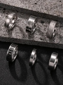6pcs/Set Black Stainless Steel Rings, Fashion Roman Letter Rotating Rings, Dark Color Jewelry Accessories Suitable For Daily Decoration, Essential For New Year, Valentine's Day Gift For Boyfriend/Husband, Back To School Gift
