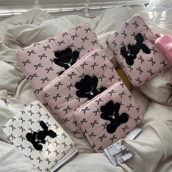 Korean Ins Style New Cute Rabbit & Bear Embroidery Bow Print Laptop Sleeve 10.2"/11"/13"/14"/15.6" Laptop Bag Liner