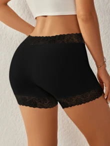 Mid-Waist Solid Comfort Seamless Underwear Hipster Shorts Lace Edge Boyshort Boxer Briefs Panties For Women - Black - View 2