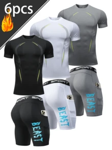 6pcs Men's Sports Suit Body Shaping Fitness Round Neck Short Sleeve BEAST Pattern Shorts Suitable For Running Basketball Indoor And Outdoor Activities - 彩色 - 查看 1