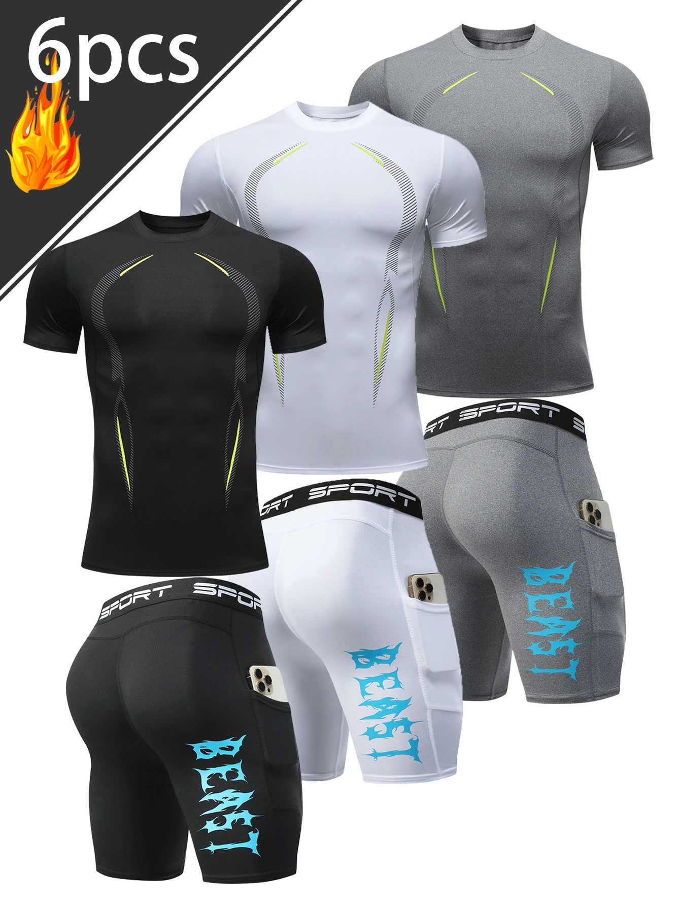 6pcs Men's Sports Suit Body Shaping Fitness Round Neck Short Sleeve BEAST Pattern Shorts Suitable For Running Basketball Indoor And Outdoor Activities - 彩色 - 查看 1