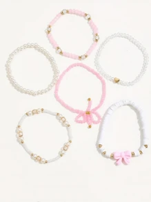 Conjunto de pulseiras de contas de vidro da série rosa, 6 peças, pérolas falsas, argila macia, feitas à mão, com posicionamento e empilhamento, laço fofo, sexy e versátil para férias Y2K