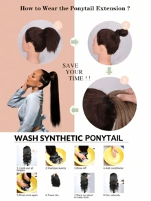 24-Inch Long Straight Synthetic Hair Ponytail Extension, Clip-In Style, Suitable For Daily Wear - Gold - View 9