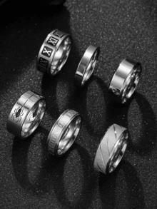 6pcs/Set Black Stainless Steel Rings, Fashion Roman Letter Rotating Rings, Dark Color Jewelry Accessories Suitable For Daily Decoration, Essential For New Year, Valentine's Day Gift For Boyfriend/Husband, Back To School Gift