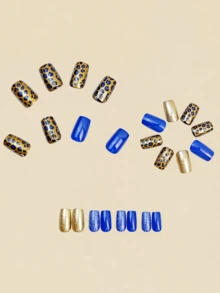 Update Your Look And Show Off The Charm Of Your Fingertips. Short Square Gold And Blue False Nail Patches, Detachable, 24 Nail Art Pieces, Blue Leopard Print Pattern Wearable Nails, Suitable For Both Ladies And Girls. Nail Art Patches For Daily Wear, Festivals, Parties, Dates And Gatherings. Simple, Fashionable And High-End False Nail Patches Nails Press On Nails Nail Supplies