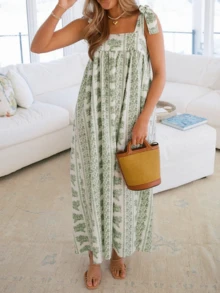 Women Tie Shoulder Long Dress Y2K Boho Floral Square Neck Babydoll Flowy Maxi Dress Summer Cute Going Out Midi Dresses Beach Vacation Sundress - màu xanh lá - Xem 1