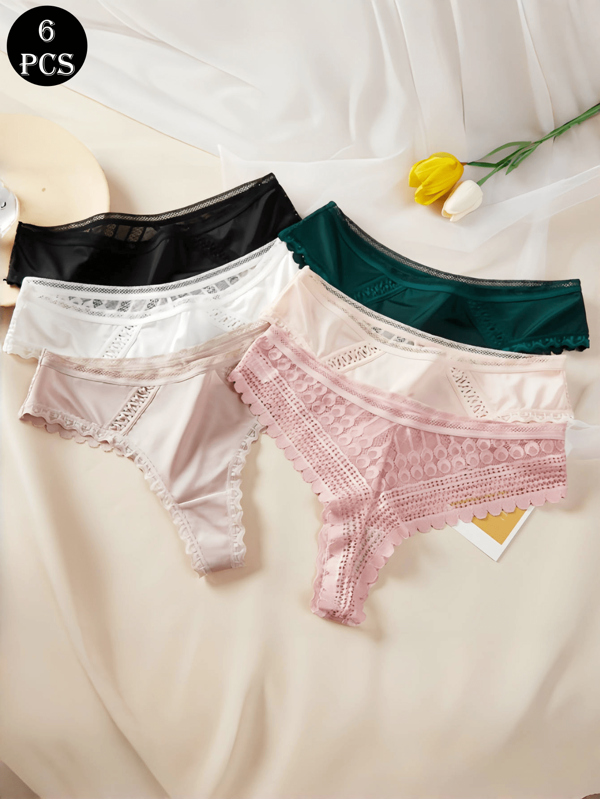 6 Stück/Pack Damen sexy nahtlose Spitzen Unterwäsche Set, inklusive Low-Waist, String, atmungsaktive & bequeme Dreiecks-Höschen, durchsichtige Mesh-String, T-Back unsichtbare Höschen, Europäischer Stil