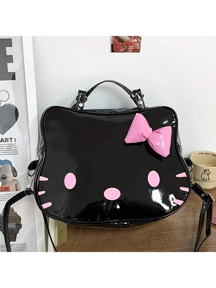 Sanrio 1pc Sanrio Hello Kitty Black Backpack With Pink Bow PU Material Zipper Closure Nylon Lining Suitable For Work And Daily Shopping College Use Perfect Women Birthday Gift