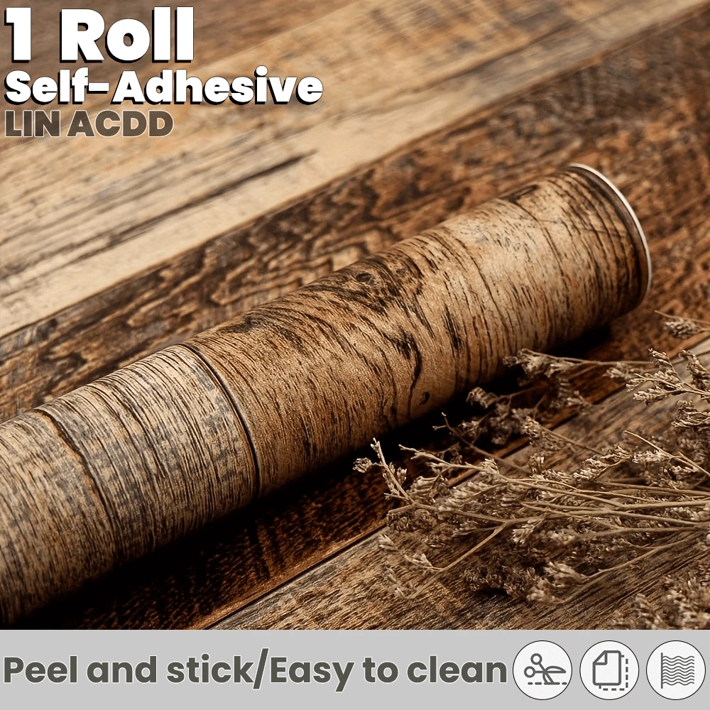 1 卷带有木纹设计的复古壁纸，加厚自粘式可移除接触纸，带有工业风格图案的自粘式 PVC 墙贴，适用于客厅、厨房、卧室、宿舍火锅餐厅。