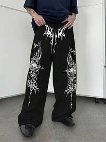 哥特式印花直筒运动裤，宽松版型，男女通用，休闲街头服饰，舒适运动裤，四季皆宜 - 黑色 - 查看 1