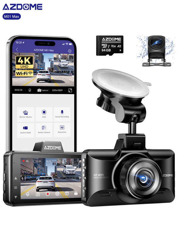 AZDOME 4K Doppia Telecamera WiFi Dash Cam Auto con Scheda SD 64G, 1080P FHD Telecamera Di Backup Impermeabile, G-Sensor, Visione Notturna, WDR, Monitor di Parcheggio, Registrazione in Loop