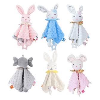 1st Baby Olifant & Konijn Veiligheidsdeken, Met Label, Bijtring, Bel, Zachte Pluche Sensorische Pop. Cadeau voor pasgeborenen, Kan Worden Bevestigd Aan Kinderwagen, Wieg, Autostoel. Bevordert Visuele Herkenning & Motorische Vaardigheden, Geschikt Voor Jongens & Meisjes (Willekeurige Stijl)