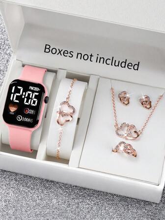 6 delar/set 1 st hjärtformad digitalklocka för dam + 5 delar/set hjärtformade smycken och accessoarer, lämpliga för alla hjärtans dag-presenter, julklappar, examenspresenter och skolan.