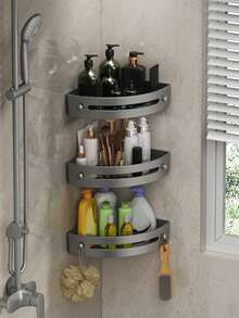 2/3pcs No-Drill Shower Caddy, No-Drill Adhesive Bathroom Corner Shower Caddy, Wall-Mounted Shampoo Holder For Cosmetics, Toiletries, And Bathroom Essentials, Non-Drilling, Easy Installation, Perfect For Bathroom Accessories, Kitchen Accessories And Home Accessories - Light Grey - View 5