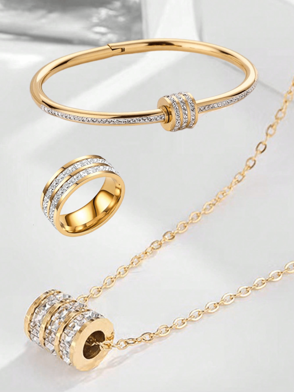 3pcs/Set Titanium Steel Jewelry, 3-Row Rhinestone Necklace, Bracelet, Ring, Waist Charm Accessories, Fashion Everyday Versatile
