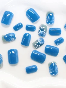24 Pcs Matte Blue Seashell Design Short Square Nail Art False Nails, With Nail File, Upgrade Your Look