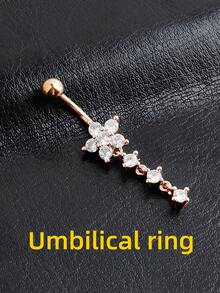 1pc Stainless Steel Cubic Zirconia Flower Navel Piercing Jewelry - Yellow Gold - View 2