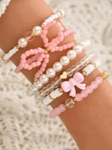 Conjunto de pulseiras de contas de vidro da série rosa, 6 peças, pérolas falsas, argila macia, feitas à mão, com posicionamento e empilhamento, laço fofo, sexy e versátil para férias Y2K