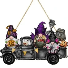 Halloween Tür-Dekoration Willkommens-Hängeschild, Frohe Halloween Veranda Schild Kranz Dekoration, Zwerg Lastwagen Holz Türschild für Haus Fenster Wand Dekoration