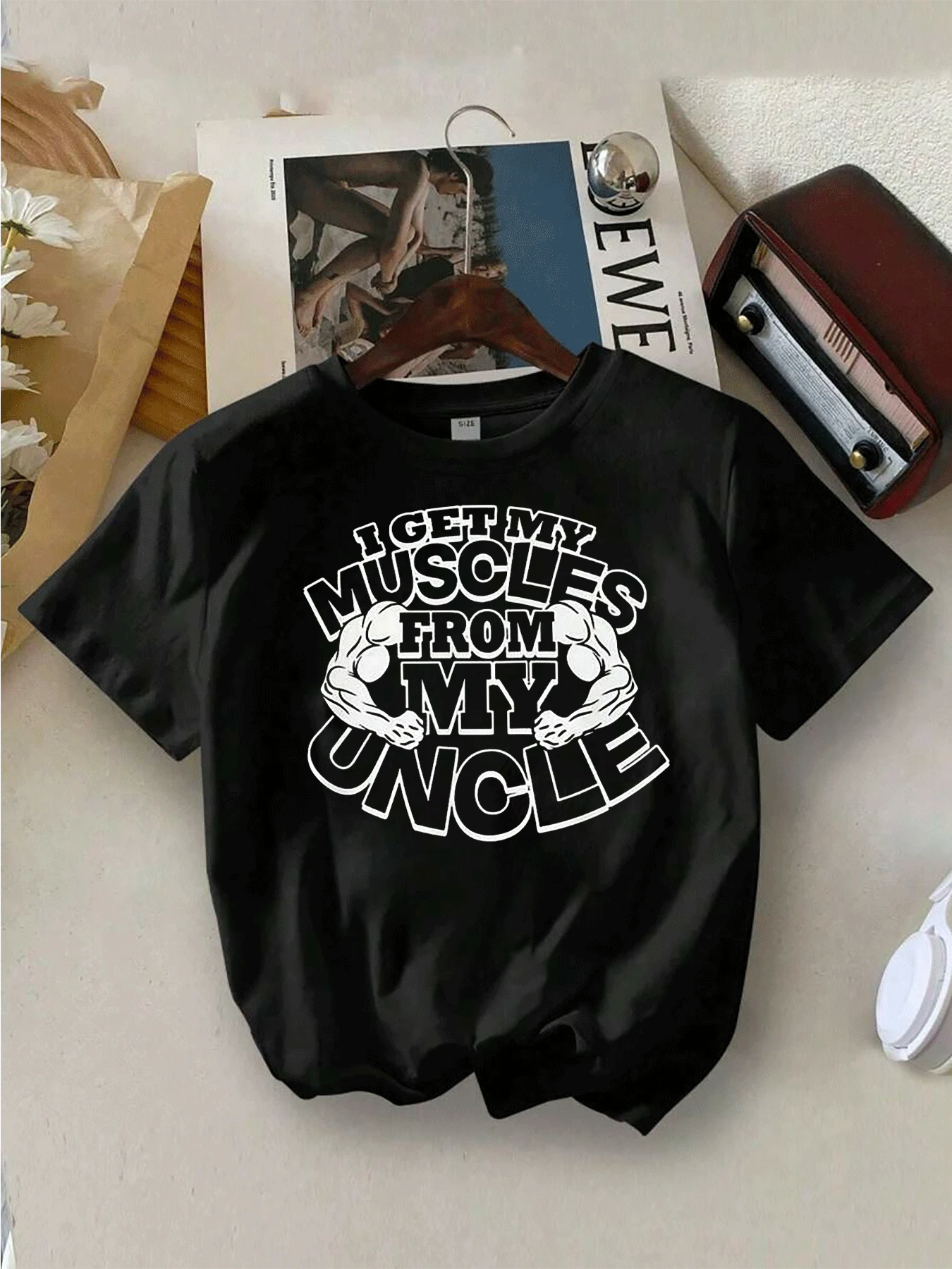 Boy's Cool Graphic TShirt,Funny Muscle Uncle Design,Summer Casual Short Sleeve Tee,Soft Cotton Blend,Comfy Kids' Clothing,Gift For Nephew Or Grandson,Available In Multiple Sizes And Colors. - 黑色 - 查看 1
