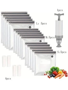 20 个/套可重复使用的真空食品储存袋，包括 1 个用于密封的真空泵、密封夹、厚真空保鲜袋、包装袋、真空泵密封袋、家用食品袋压缩袋、包装熟食袋。非常适合保存水果和熟食，这些袋子是整理厨房和在冰箱中储存食物的完美选择。 - 彩色 - 查看 13