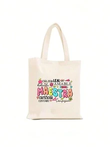 2pcs Maestra Printing Bag Gift For Teachers Tote Bag, Personalized Wedding Gift Bag For Women Bridesmaid, Makeup Bag Lightweight Shopper Bag, Versatile Storage Bag For Teacher's Day, Best Teacher Gifts Forever For Teachers Day, Best Teacher Appreciation Gifts , Teacher Gift - Beige - View 7