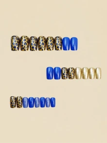 Update Your Look And Show Off The Charm Of Your Fingertips. Short Square Gold And Blue False Nail Patches, Detachable, 24 Nail Art Pieces, Blue Leopard Print Pattern Wearable Nails, Suitable For Both Ladies And Girls. Nail Art Patches For Daily Wear, Festivals, Parties, Dates And Gatherings. Simple, Fashionable And High-End False Nail Patches Nails Press On Nails Nail Supplies