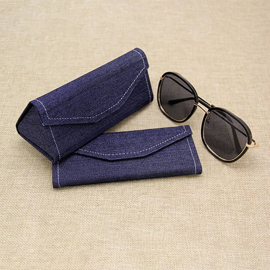 1 cutie triunghiulară pliabilă pentru ochelari de soare, cutie de ochelari vintage din denim de înaltă calitate, portabilă