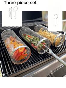 3 PiecesDeluxe Rolling Grill Basket - Large Stainless Steel Wire Mesh Cylindrical Grill Rack, Portable Outdoor Camping Grill Mesh Tube - Perfect Cookware Grilling Tools Accessories For Picnics And Outdoors